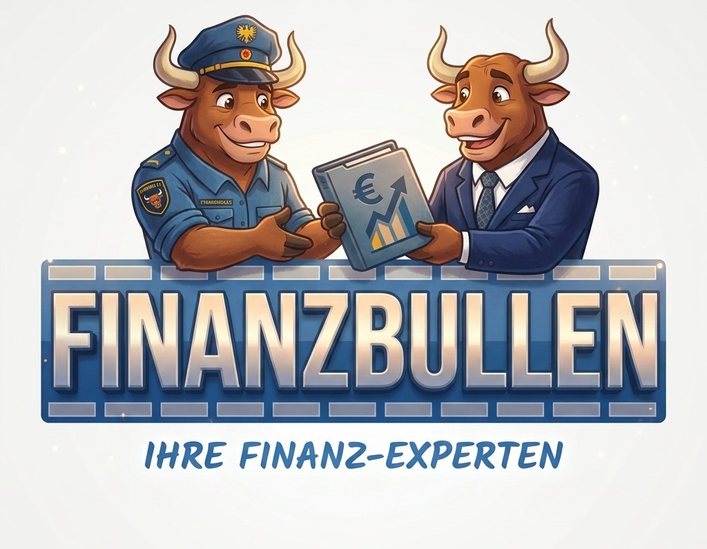 Die Finanzbullen-Maskottchen: ein Polizei-Bulle und ein Berater-Bulle mit Finanzunterlagen